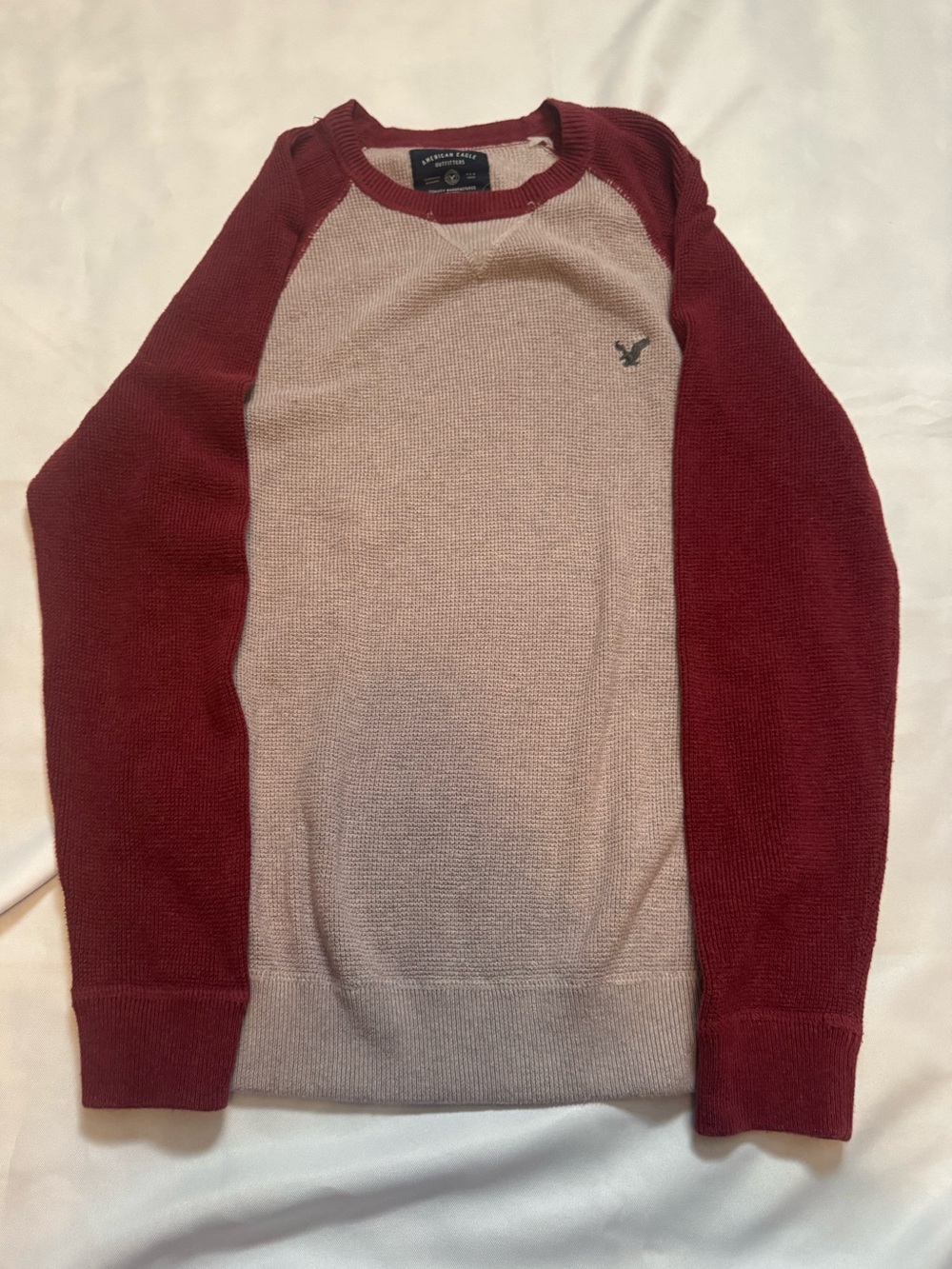 American Eagle Outfitters Maroon Sleeve Cream Body Crewneck Sweater